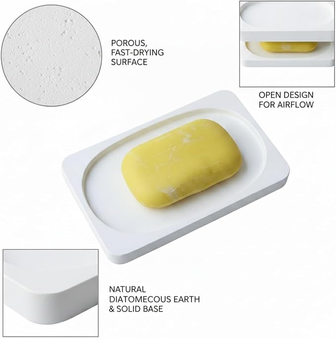 Diatomaceous Earth Stone Soap Dish, Bathroom Tray for Bar Soap, White
