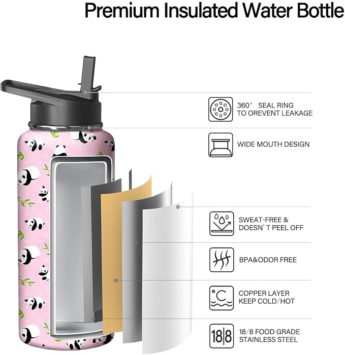 18oz Pink Panda Water Bottle with Handle and Flip Straw, Sports Stainless Steel Insulated Cup Travel Coffee Mug Tumbler, Birthday Mothers Day Chritmas Gifts for Women