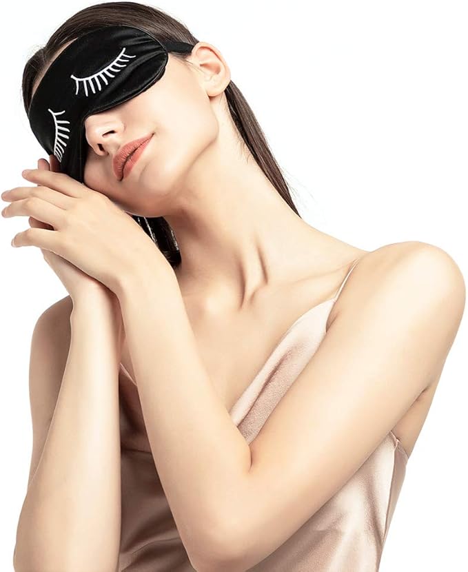 100% Mulberry Silk Sleep Mask Blackout, Cute Natural Sleeping Mask with Adjustable Elastic Strap, Satin Eye Cover for Men Women Adults (White Eyelashes)