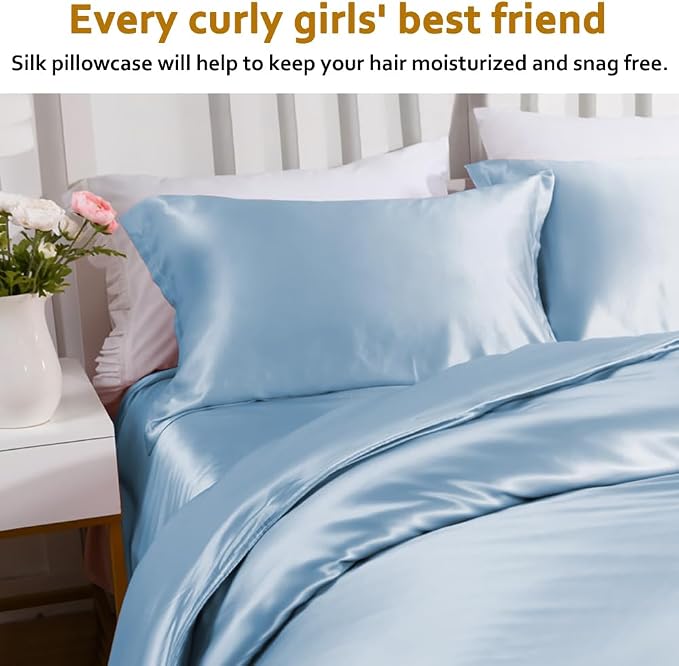 Ravmix Silk Pillow Cases with Zipper, 21momme Mulberry Silk Pillowcase for Hair Skin Health, Soft Smooth Breathable Cool Pillow Cover for Beauty Sleep with Gift Box 1PC(Queen 20"x30", Light Blue)