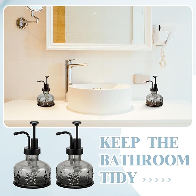 Tioncy 2 Pcs Antique Soap Dispenser Kitchen Bathroom Countertop Glass Soap Pump Dispenser Refillable Rustic Small Liquid Container with Non Slip Silicone Coaster(Black)