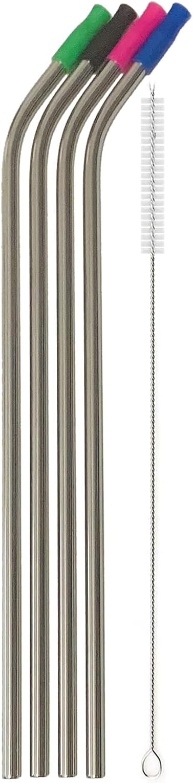 14 Inch Stainless Steel Straws, 4pcs Ultra Long Reusable 0.32" (8mm) Big Wide Metal Straws for 40oz/64oz Tumblers or Super Tall Cups with Silicone Tips and Cleaning Brush
