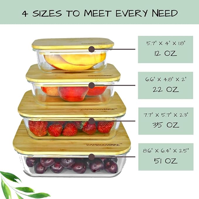 Bambooware Glass Containers with Lids | Non Plastic Glassware Set - Natural Raw Organic Wooden Bamboo Lids | Set of 4 | Reusable, BPA Free | Perfect for Meal Prep, Lunch, Leftovers, Kitchen