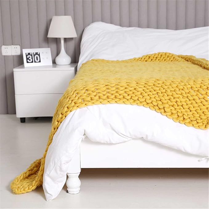 BBPM Chunky Knit Throw Blanket 100% Hand Made Large Merino Wool Loop Yarn Soft Fluffy Throws for Couch Sofa Bed Big Crochet Cozy Heavy Thick Cable Woven Blanket,Yellow,80x80cm/31x31in