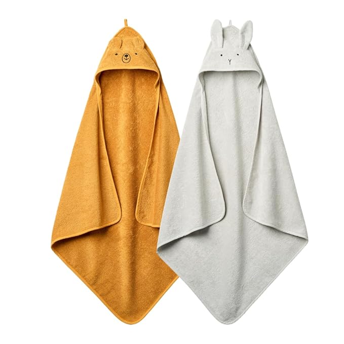 Hooded Baby Towels – 100% Organic Cotton Baby Bath Towels – Baby Boy and Baby Girl Newborn Essentials - Super-Soft and Absorbent. (2-Pack Rabbit Pearl Grey and Bear Yellow)