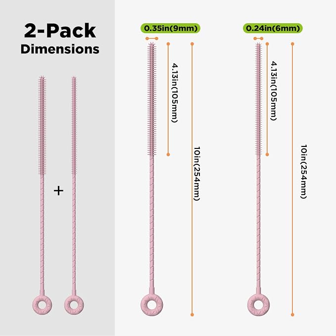 Silicone Straw Cleaner Brush, 2 Pcs Reusable Cleaning Brushes for Straws, 6mm&9mm, Pink