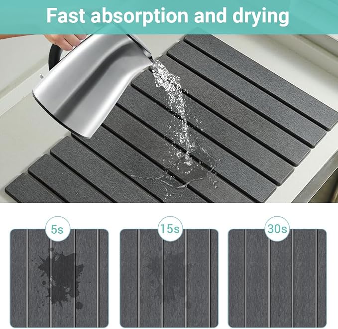 Large Stone Dish Drying Mat - Eco-friendly, Instant Drying, Diatomaceous Earth Mat, Foldable & Super Absorbent, 24"x16", Dark Gray