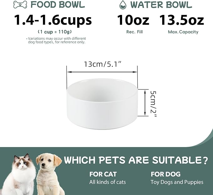 Havniva 5.1” Ceramic Dog Bowls, Small Dog Food and Water Bowl Set of 2, Durable Dog Water Bowl with Non-Slip Rubber Base Large Capacity Pet Feeding Bowl for Small Dogs