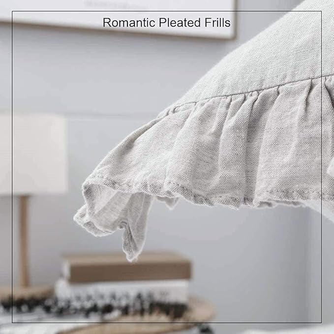 100% French Linen Throw Pillow Covers - Set of 2 - Washed Flax Decorative Ruffled Square Cushion Cover Solid Color Soft Breathable - Grey, 18'' x 18''