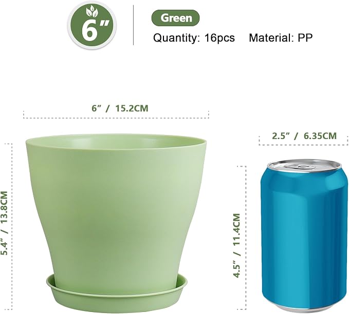 Meowell 6 inch Plastic Nursery Pots,16 Pack Plant Pots for Small Indoor Outdoor Plants, Flower Pots with Drainage Holes and Saucers, Decorative Seedling Starter Planters for House Plants, Green