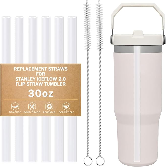 LUCKINEE Replacement Straws for Stanley IceFlow Tumbler 30oz, 6 Pack Plastic Reusable Straws with 2 Straw Cleaner Brushes for IceFlow Tumbler Accessories