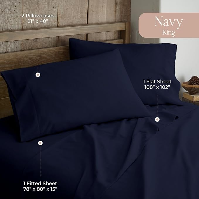 100% Organic Flannel Sheets King Size - GOTS Certified 100% Cotton Flannel Sheets Set with Comfortable Soft Brushed Finish & Deep Pocket - 1 Flat 1 Fitted & 2 Pillowcases (Navy, King)