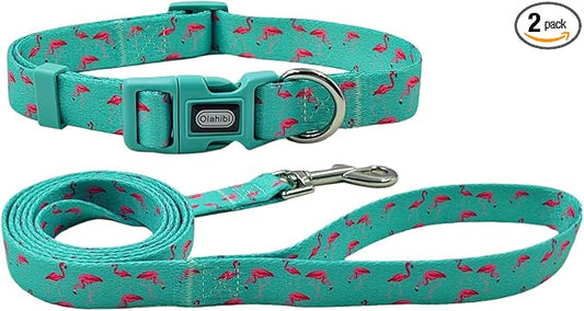 Dog Collar Leash Set, Flamingo Pattern, Polyester Material, Adjustable Collar and 5ft Matching Leash, for Small Dogs.(S, Green Flamingo)