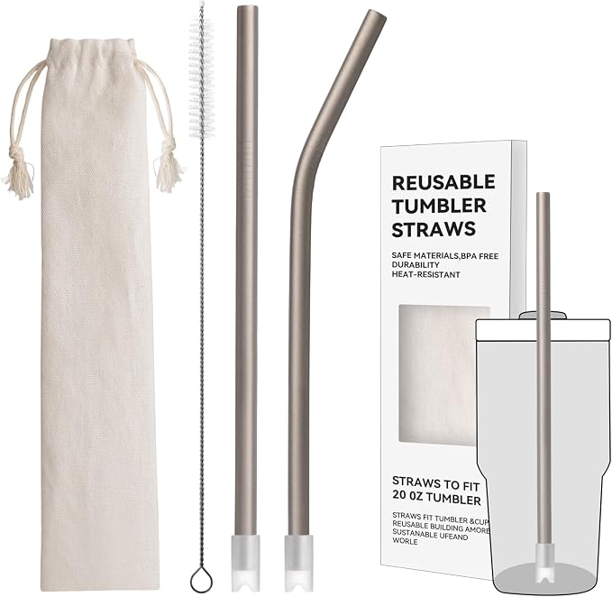 Heavy - Duty Titanium Straws 8.5" Reusable for 20 oz Tumlbers | Metal Drinking Straws for All Kinds of Hot & Cold Drinks, Eco Conscious, BPA Free with Cleaning Brush(No Silicone Tips)
