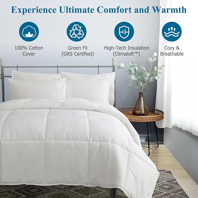 Dafinner 100% Cotton Cover Lightweight Down Alternative Comforter King Size, Ultra-Soft Duvet Insert for Warm Weather, GRS Recycled Microfiber Breathable Bed Quilt (104x88”, White)