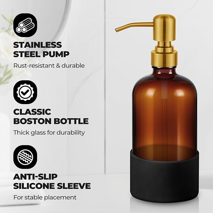 16 oz Hand and Dish Soap Dispenser Set for Kitchen and Bathroom, 500ml Amber Glass Soap Dispenser with Stainless Steel Golden Pump, Non-Slip Silicone Sleeves, Labels - 2 Pack
