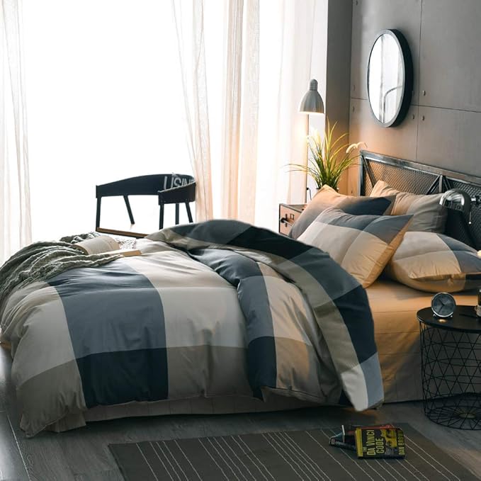 mixinni Queen Size Checkered Duvet Cover Set - 3 Piece Grey Geometric Cotton Bedding Set with Zipper Closure & Corner Ties, 100% Washed Cotton Soft Breathable Duvet Cover for Men, Women, Teens (Queen)