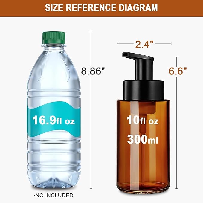 RYTOXILO Amber Foam Soap Dispenser, 10 oz/300ml Glass Foaming Soap Dispenser, 2 Pcs Foaming Hand Dispenser for Bathroom & Kitchen, Refillable Bottle with Waterproof Labels
