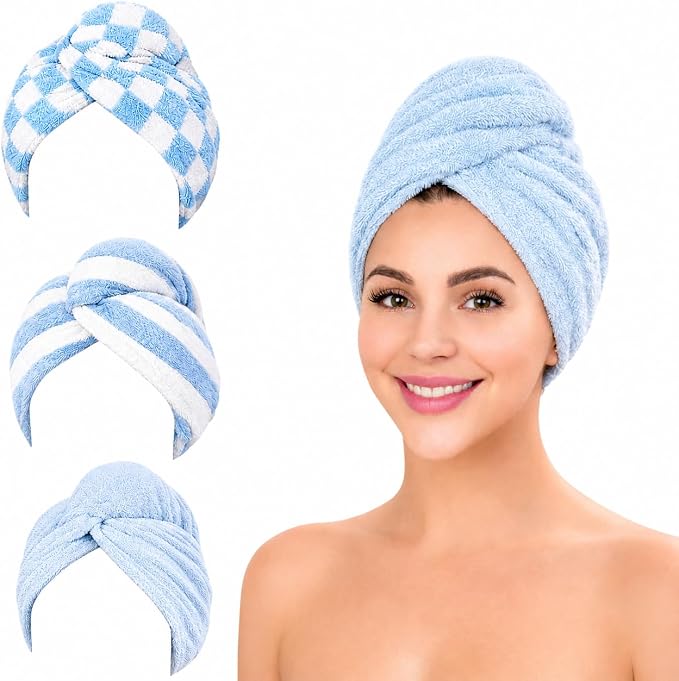 KELVO Microfiber Hair Towel Wrap for Women - Pack of 3, 350 GSM Super Absorbent Quick Dry Hair Turban, Anti-Frizz Head Wrap for Curly Long & Thick Hair Soft Hair Drying Towel(Blue, Mixed Style)