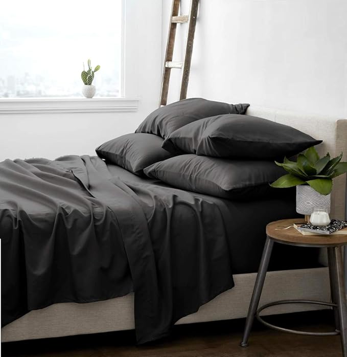 Femini Fashion 100% Organic Cotton Bed Sheets 800-Thread-Count, 16-Inch Deep-Pocket, Luxury Breathable Crisp 4-Piece Bed Sheet Set (1 Flat Sheet, 1 Fitted Sheet, 2 Pillowcases) - Full-XL, Dark Grey