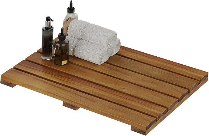 Solid Acacia Wood Shower Mat, Non Slip Bathroom Mat (19.6"×13", Small) Sturdy Floor Mat for Spa Home or Outdoor Shower, Easy to Clean, Quick Drying