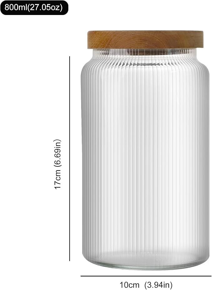 800ml/27.05Oz Large Glass Food Storage Containers with Wood Lids- Airtight Stacable Glass Jars - Spaghetti Storage Jar - Clear Kitchen Canisters for Coffee,Flour,Pasta,Cereal
