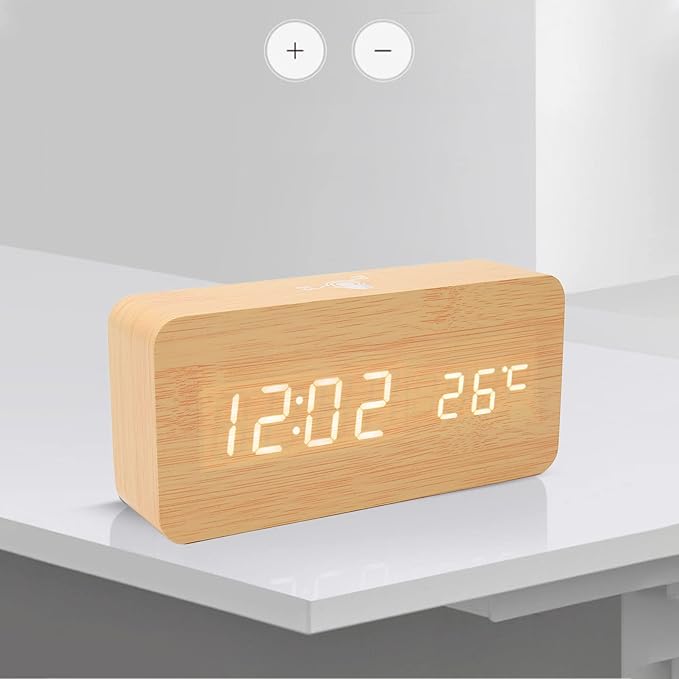 Tyenaza Digital Alarm Clock, Wooden Battery Operated Clock LED Display Touch Sound Control BT Connection Digital Desk Clock for Bedroom Office Cafe