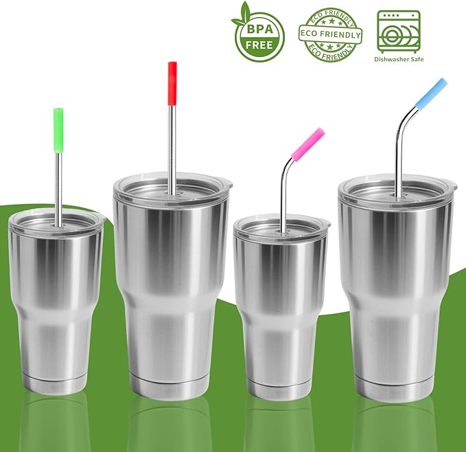 Lazycorner 16 Pcs Metal Straw Reusable 8.5" 10.5" 6mm Stainless Steel Straws for Tumblers 20oz-32oz, Silver Drinking Straws with Silicone Tips, 4 Straw Cleaner Brush, 1 Travel Case