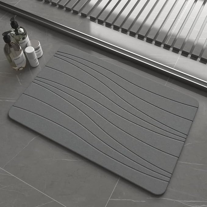 Fast Drying Stone Bath Mats for Bathroom, Non-Slip Diatomaceous Earth Bath Mat, Super Absorbent Bath Mat Stone Dark Gray Wave