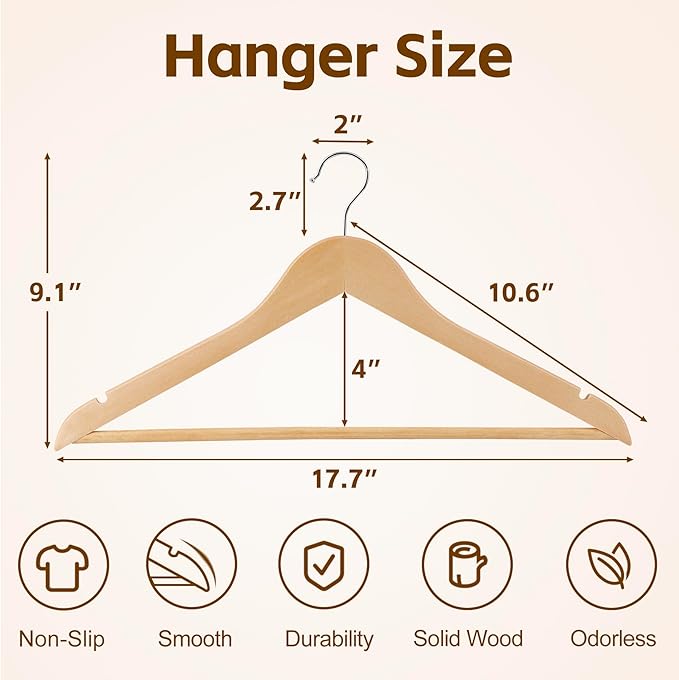 Nouva Wooden Clothes Hangers 50 Pack, Non-Slip Grooved Shoulder Coat Hanger, Slim for Shirts, Jackets, Dress, Pant