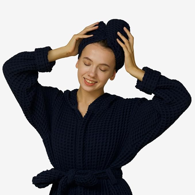 Luxury Organic Japanese Cotton Hair Drying Waffle Towel Wrap for Women | Absorbent, Quick-Dry Head Turban for Shower, Sauna, Spa | Extra Large for Long, Curly, Straight Hair With Button (Blue, 1 Pc)