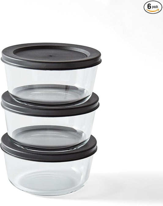6-Piece Glass Food Storage Containers Set (3 Containers + 3 BPA-Free Lids) | 2-Cup, Leakproof | Microwave, Freezer, Oven & Dishwasher Safe | Ideal for Meal Prep & Pantry Organization, Black