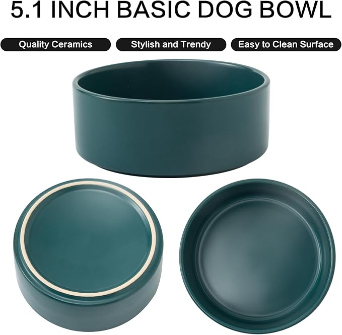Ceramic Set of 2 Dog and Cat Bowls - Classic Food & Water Bowl for Kitty, Cats and Toy Breed Dogs, Weighted Dog Dishes, Food Grade Pet Bowl, Dishwasher & Microwave Safe (5.1'', 2*16OZ, Green)