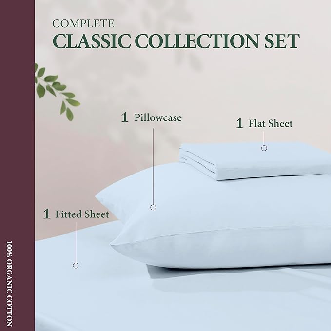 100% Organic Cotton Sheets Twin XL Size - Organic Cotton Twin XL Size Percale Weave Sheet Set (3 PC, Light Blue), Soft, Cooling, Crisp & Breathable, 16" Deep Pocket Hotel Bedding Set