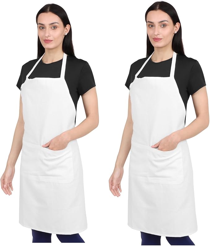 2 pack Cotton Kitchen Apron, White, 33 Inches Long, 2 Pockets, Adjustable, Machine Washable