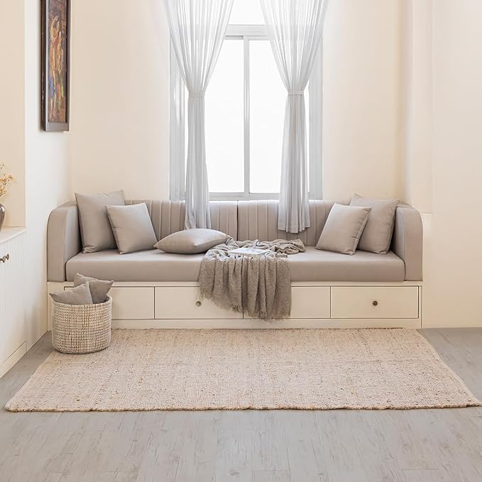 HOMEMONDE Hand Woven Jute Cotton Area Rug 5' x 8' ft Rectangle Natural Farmhouse Rug - Rustic Vintage Bohemian Rug for Living Room, Bedroom, Dining Room
