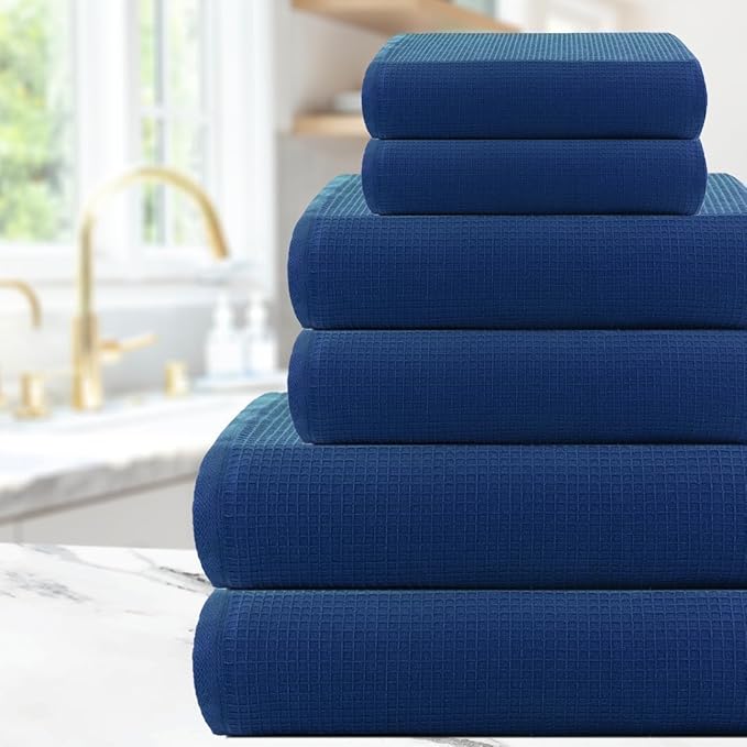 CASA COPENHAGEN Waffle 6Pcs 100% Egyptian Cotton Large Designer Towels Gift Set- Deep Blue, 2Bath 2Hand 2Washcloths, Bath Towels for Bathroom (Box Pack, Gift Set for Women & Men)