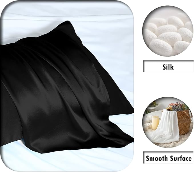 Mulberry Silk Pillowcase for Hair and Skin Pillow Case with Hidden Zipper Soft Breathable Smooth Cooling Silk Pillow Covers for Sleeping (Black, King,1Pcs)