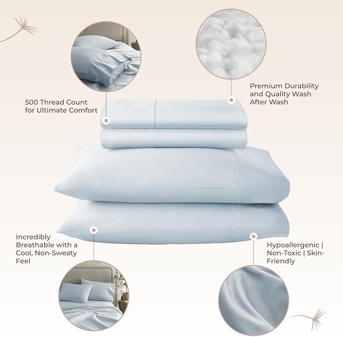 100% Organic Cotton Sheets Full Size - GOTS Certified Organic Bed Sheets with Deep Pocket 500 Thread Count and Cozy Sateen Weave Gets Softer with Each Wash - Luxury 4 Piece Set (Powder, Full)