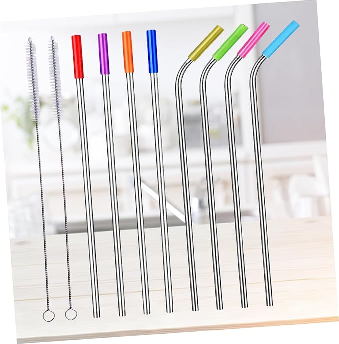 Unomor 8-Piece Reusable Stainless Steel Drinking Straws Set 304 Food-Grade Steel with Silicone Tips for Smoothies Bubble Tea Includes Straight and Curved Straws with Cleaning Brush