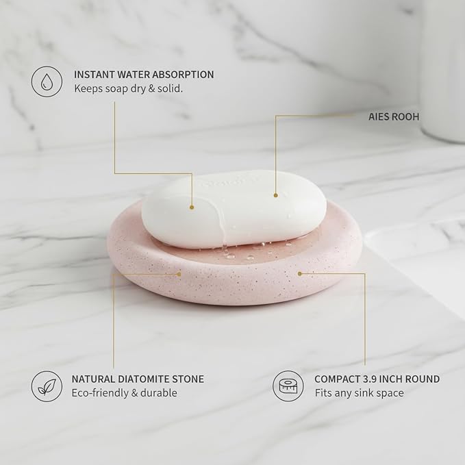 Round Diatomite Soap Dish for Bathroom Sink, Porous Stone Bar Soap Holder Tray, 3.9 Inch Diameter