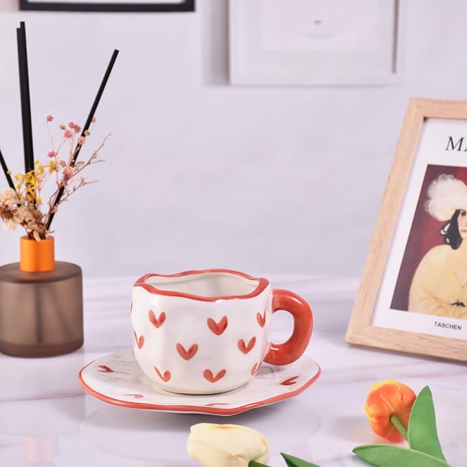 Koythin Ceramic Coffee Mug with Saucer Set, Cute Creative Cup Unique Irregular Design for Office and Home, Dishwasher and Microwave Safe, 10 oz/300 ml for Latte Tea Milk (Red Heart)