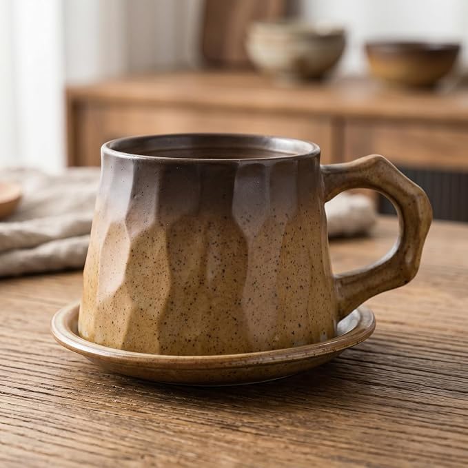 Vintage Faceted Speckled Ceramic Coffee Mug with Saucer, Rustic Stoneware Cup for Tea Latte (YF-CS01)