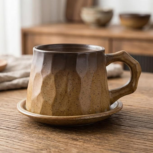Vintage Faceted Speckled Ceramic Coffee Mug with Saucer, Rustic Stoneware Cup for Tea Latte (YF-CS01)