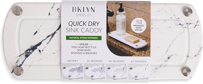 Core Home Kitchen Accessory Natural Diatomite Stone Multi-Purpose Quick Dry Caddy Holder Organizer for Sponges, Scrub Brushes, Soap, Utensils, White Marble