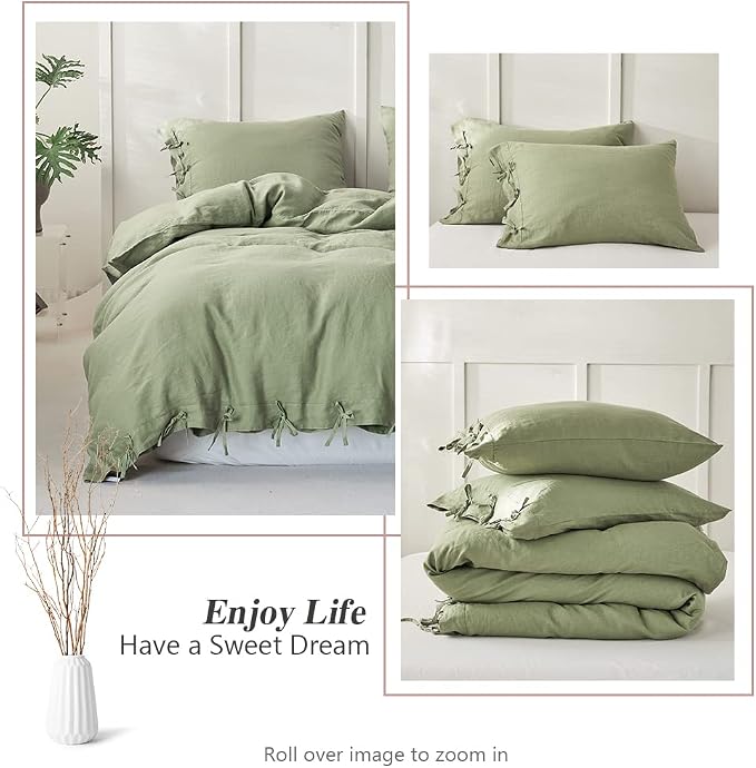 Simple&Opulence 100% Linen Duvet Cover Set 3pcs with Bowknot Ties Closure Natural French Washed Flax Solid Color Soft Breathable Farmhouse Bedding - Sage Green, King Size
