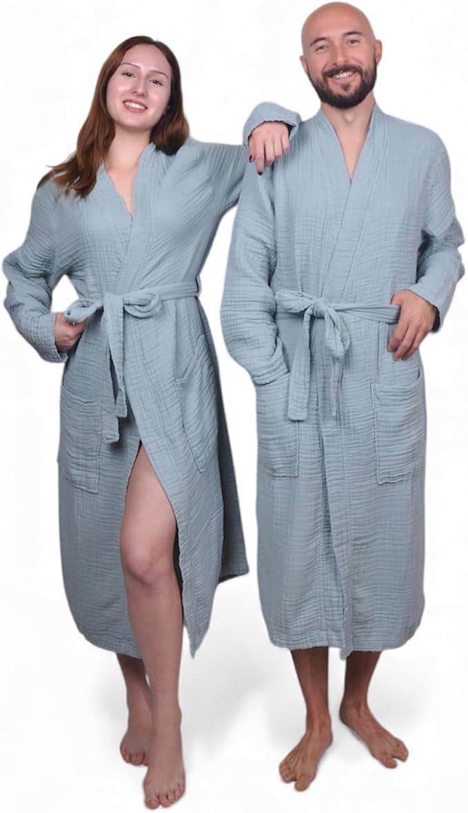 Muslin Bathrobe - Cotton Gauze Robe for Women and Men - Lightweight Breathable Summer Kimono - Boho Spa/Maternity Robe