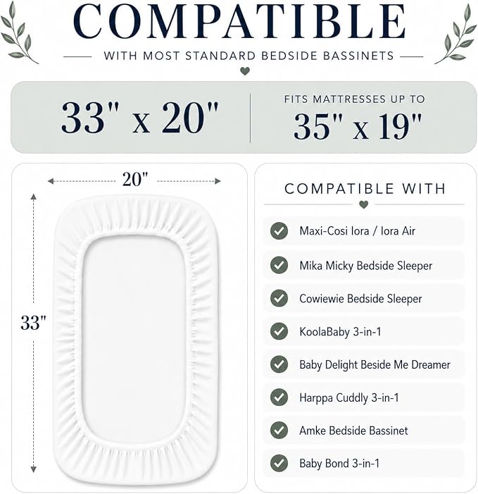 GOTS Organic Bedside Bassinet Sheets Fits 35x19 and 33x20 Compatible with Most Popular Bedside Sleepers, Premium Weight Plush - Ultra Breable Long Stable Turkish Cotton