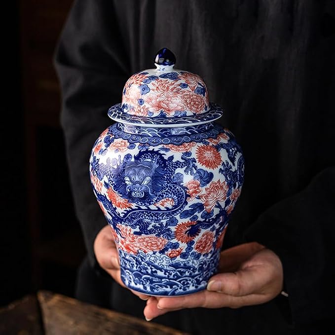 Porcelain Airtight Canister 45 Oz/1350ml, Blue White with Red Glazed Ceramic Large Food Storage Jar, Home Décor,Room Office Decoration -Dragon