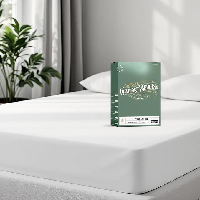 TEXAS LINEN CO. 100% Organic Cotton Percale Weave Fitted Sheet Full Size, White, 1 Deep Pocket Full Fitted Sheet, Fits Mattress Upto 16" Crisp and Cool Bed Linen, Luxury GOTS Certified Sheets